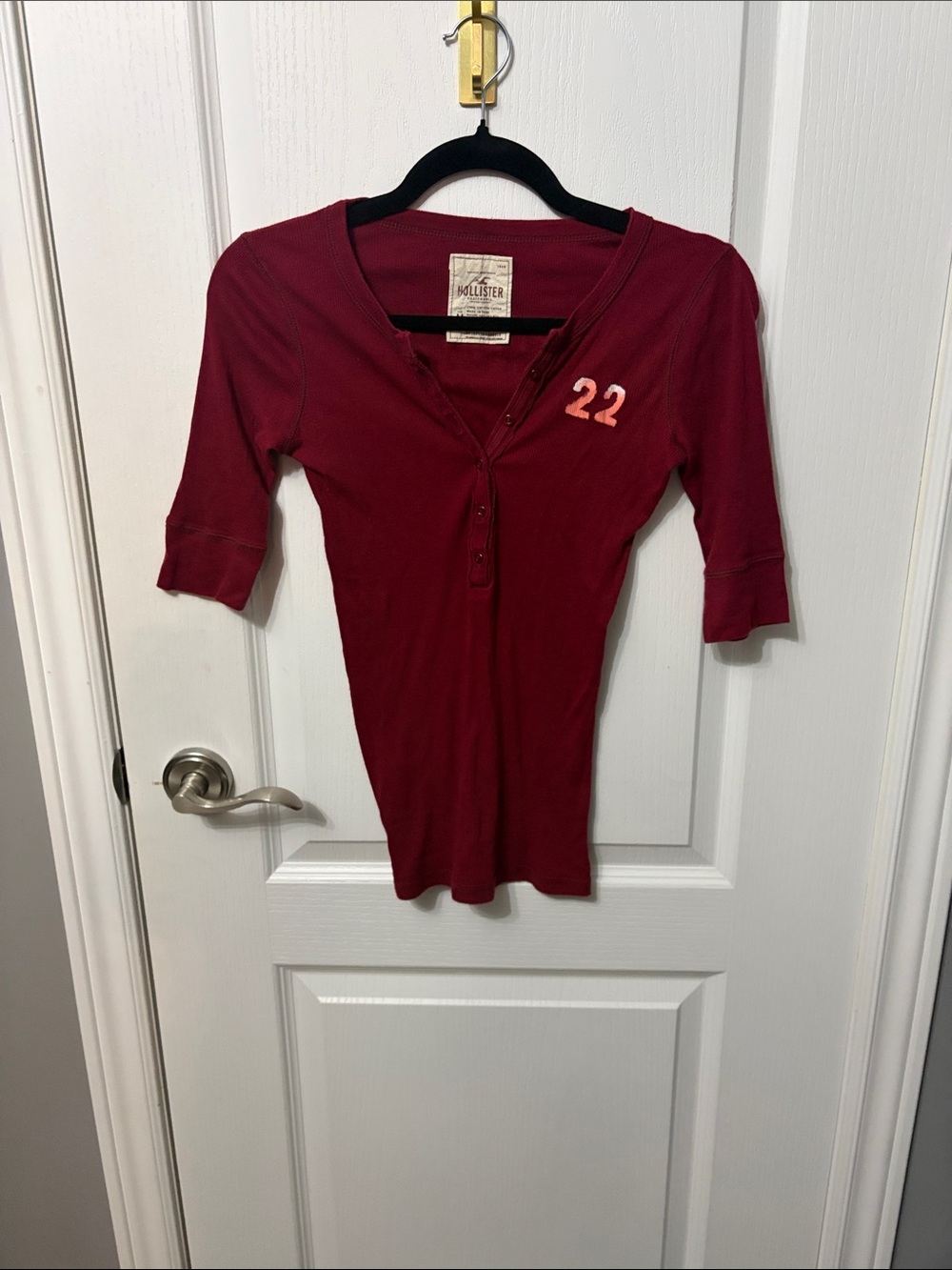 Hollister Women's Maroon Henley Tee with Pink '22 Accent